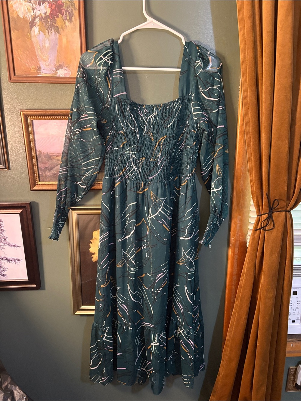 Nine West Teal Abstract-Print Smocked Maxi Dress